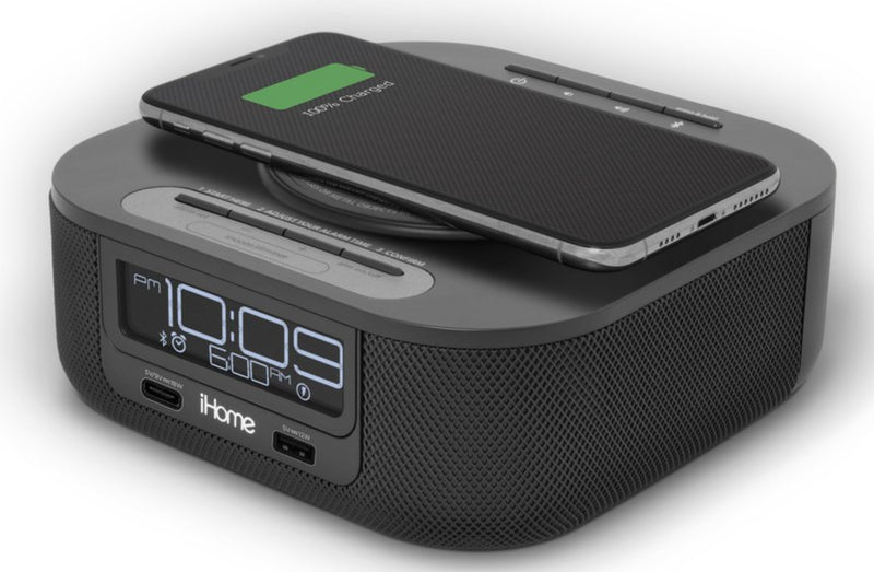 iHome Alarm Clock - HW5 - Qi Wireless Charging Bluetooth Bedside Stereo Speaker Alarm Clock with Single Day Alarm, Dual USB Charging